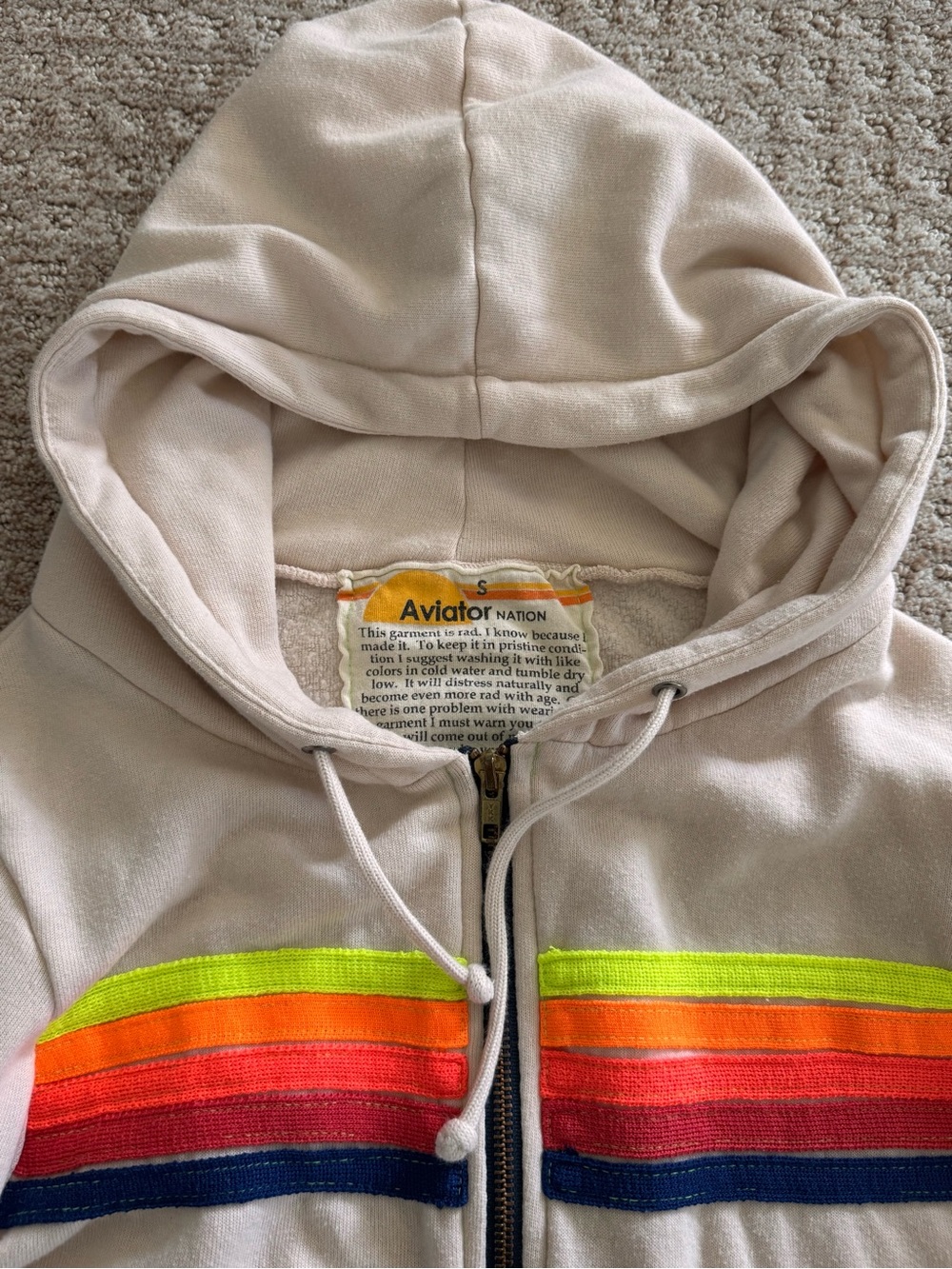 Aviator Nation 5-Stripe Hoodie & Sweatpant Set - Oatmeal / Neon Rainbow - Size S - Picture 12 of 16